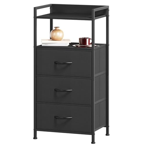 Somdot Nightstand with 3 Drawers, Dresser with Fabric Bins for Bedroom, Hallway, Entryway, Night Stand Bedside Table Furniture, Sturdy Steel Frame, Wooden Top, Easy Pull Fabric Bins, Black - color: Black, size: 11.4"D x 15.2"W x 30.6"H (3 Drawers)