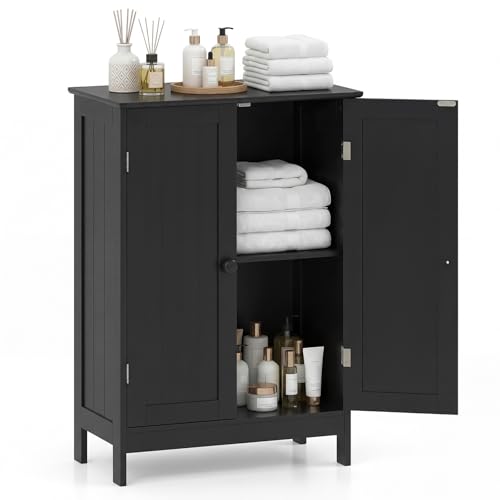 Tangkula Bathroom Storage Cabinet, Freestanding Wooden Floor Cabinet with Double Doors, Adjustable Shelf, Modern Storage Organizers for Kitchen, Living Room, Entryway (Black) - color: Black