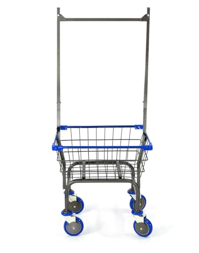 Laundry Cart Grey Powder Coated with Double Pole Rack, 1.5-Bu (Red, Black, Blue Trim) (Blue) - color: Blue