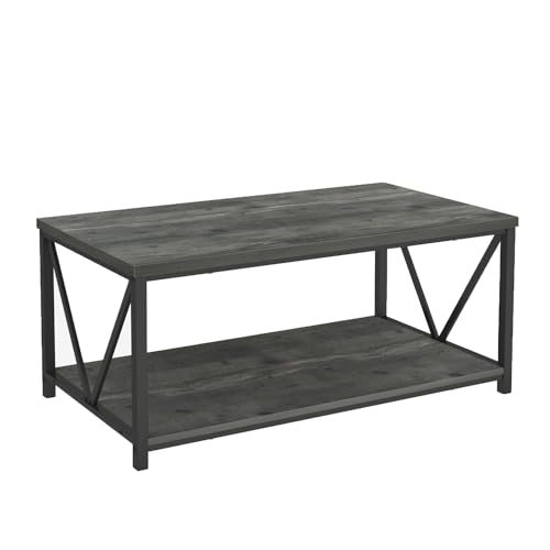 EXCEFUR Coffee Table, Rustic Wood and Metal Center Table for Living Room, 39.3 Inch Grey - color: Grey, size: 39 inch