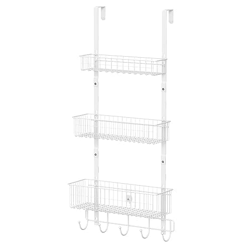 CADUKE Over The Door Organizer Hanger with Basket Hanger Door Towel Rack with 5 Hooks Back of Door Storage Organizer Behind Door Hooks Hanger Shelf for Bathroom, Kitchen, Office, White - color: White