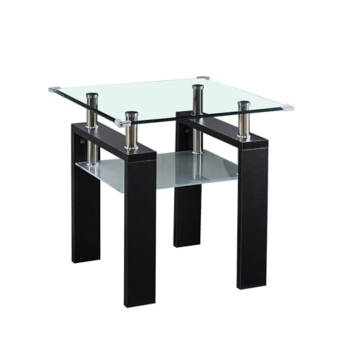 2-Tier End Table with Tempered Glass Top and MDF Frame, Modern Black Square Side Table with Storage Shelf for Living Room, Bedroom, Apartment, Easy to Assemble - color: Black, size: End Table