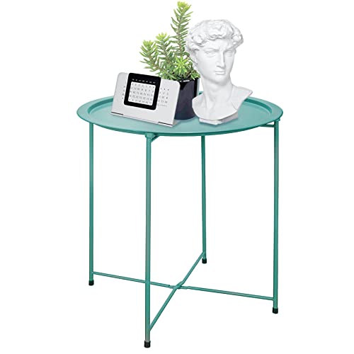 Garden 4 you End Table Metal Side Table Green Round Folding Tray Cyan Sofa Small Accent Fold-able Table, Round End Table Tray, Next to Sofa Table, Snack Table for Living Room and Bed Room - color: Green
