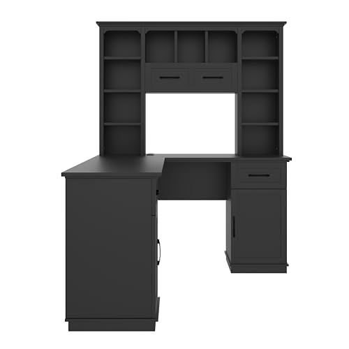 L-Shaped Home Executive Desk with 2 Cabinets and 2 Drawers, Computer Desk with Power Outlet, 11 Open Shelves and 1 Right Flip Shelf with Storage for Study, Living Room and Office (Black-02) - color: Black-02