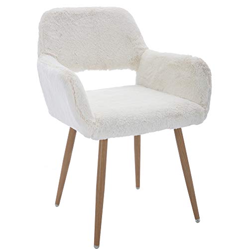 KCC Desk Chair No Wheels Makeup Vanity Chair for Living Room,1PC,White | Faux Fur Chair Modern Dining Room Arm Chairs Mid-Century Accent Upholstered Club Guest Chair with Metal Tube Legs for Kitchen - color: White, size: 1 PC