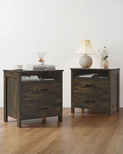 Farmhouse Nightstand Set of 2, Rustic Nightstand with 2 Drawers, Wood End Table with Open Shelf, Side Table for Bedroom, Dark Brown - color: Dark Brown, size: 2 Pieces