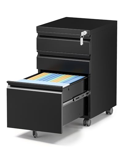 Mobile File Cabinet with Lock, 3 Drawer File Cabinet for Home Office, Rolling File Cabinet, Under Desk Locking Filing Cabinet on Wheels for Legal/Letter/A4 File, Fully Assembled, Black - color: Black, size: 14.6"W x 24.4"H x 17.3"D - F