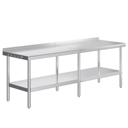 Jocisland 30" x 96" Stainless Steel Table for Prep & Work, Food-Grade Stainless Steel with Backsplash, Adjustable Under Shelf & Safe Design for Restaurant, Home and Outdoor - size: 30x96 in, style: With Hooks& Backsplash