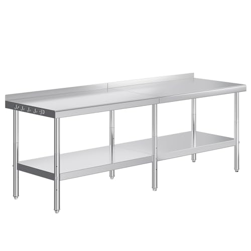 Jocisland 30" x 96" Stainless Steel Table for Prep & Work, Food-Grade Stainless Steel with Backsplash, Adjustable Under Shelf & Safe Design for Restaurant, Home and Outdoor - size: 30x96 in, style: With Hooks& Backsplash
