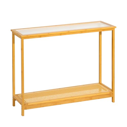 Bamboo Narrow Console Table, 39.4"(L) Wood Small Entryway Table with Rattan and Glass, Accent Slim Hallway Tables, Thin Sofa Side Tables for Hallway, Living Room, Foyer, Burlywood - color: Burlywood 39.4"(l)