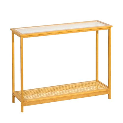 Bamboo Narrow Console Table, 39.4"(L) Wood Small Entryway Table with Rattan and Glass, Accent Slim Hallway Tables, Thin Sofa Side Tables for Hallway, Living Room, Foyer, Burlywood - color: Burlywood 39.4"(l)