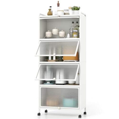 5-Tier Kitchen Storage Cabinet, Mobile Microwave Stand with Metal Frame, 4 Lockable Casters & Flip-up PC Doors, Freestanding Bakers Rack for Kitchen, Dining Room, Living Room (White) - color: White