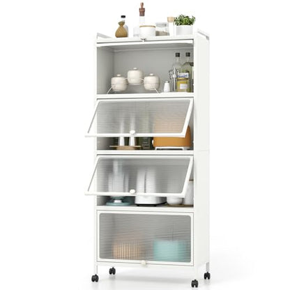 5-Tier Kitchen Storage Cabinet, Mobile Microwave Stand with Metal Frame, 4 Lockable Casters & Flip-up PC Doors, Freestanding Bakers Rack for Kitchen, Dining Room, Living Room (White) - color: White