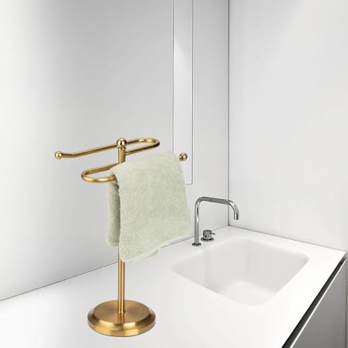 J&V TEXTILES Classical Steel Towel Rack Holder Stand with 2 Hanging Rings for Bathroom Vanity Countertops - Space Saving Hand Towel Holder (Aged Brass) - color: Aged Brass