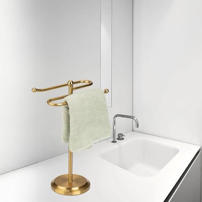 J&V TEXTILES Classical Steel Towel Rack Holder Stand with 2 Hanging Rings for Bathroom Vanity Countertops - Space Saving Hand Towel Holder (Aged Brass) - color: Aged Brass