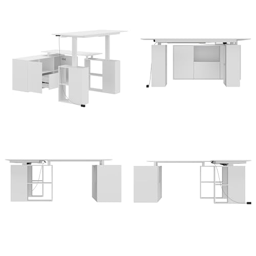 Homsee Electric Height Adjustable Standing Desk with Storage Cabinet, U-Shape Computer Desk with Drawer & Open Shelves for Home Office, Workstation Desk for Writing Study Executive, White