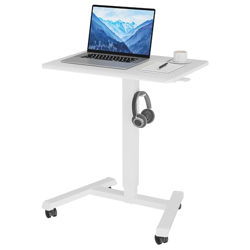 BONTEC Mobile Standing Desk Adjustable Height, Rolling Laptop Cart with Hook, Portable Workstation with Pneumatic Lift, Ergonomic Table with Wheels, Compact Home Office Desk, White 25.6" x 17.7" - color: White, size: 25.6" x 17.7"