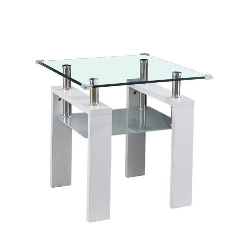 2-Tier End Table with Tempered Glass Top and MDF Frame, Modern White Square Side Table with Storage Shelf for Living Room, Bedroom, Apartment, Easy to Assemble - color: White, size: End Table