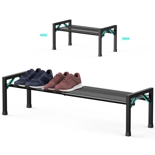 YEASHEIN 1-Tier Expandable Shoe Rack Organizer with Wire Mesh Shelves, Sturdy Metal Shoe Shelf with 2-Tier Storage, adjustable Shoe Stand, Free Standing Shoe Rack for Closet, Entryway, Garage - Black - size: 1 Tier