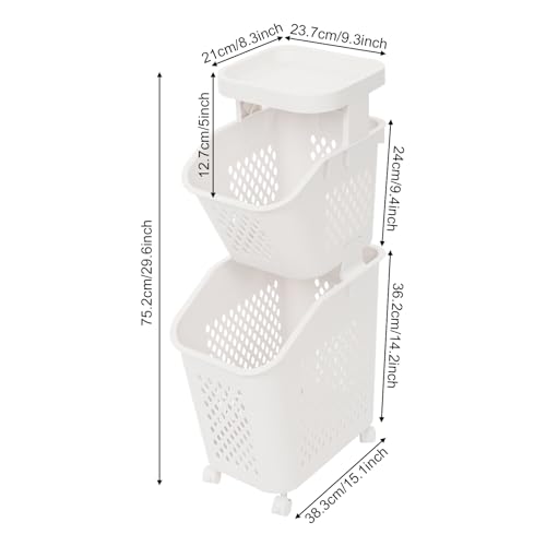 2 Tier Laundry Basket Holder, Utility Laundry Basket with Wheels Clothes Storage Organizer Cart Removable Rolling Laundry Hampers for Bathrooms Bedrooms Kitchen (2-Tier) - size: 2-Tier