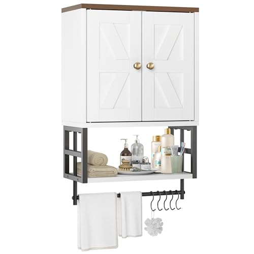 Bathroom Wall Cabinet, Farmhouse Medicine Storage with Towel Bar, White | 2 Doors & Adjustable Shelves 5 Hooks, 3-Tier for Over-Toilet, Laundry, Living, Bedroom, Kitchen, Space Saving - color: 1-white, size: 15.79" L