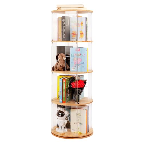 TAKEKIT 360° Rotating Bookshelf, 4-Tier Spinning Book Shelf Tower with Solid Wood & Clear Acrylic, Round Revolving Bookcase for Living Room, Bedroom and Office - color: Natural Round, size: 4-Tier