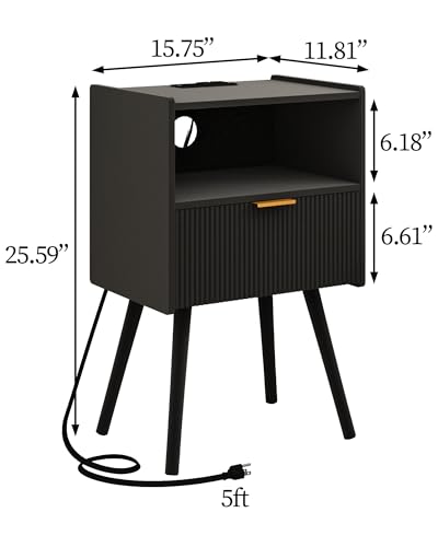 JOONEE Black Nightstand with Outlet,Modern Bedside Table with Storage Drawer and Open Wood Shelf, for Living Room, Bedroom and Small Spaces, Accent Night Stand with Solid Wood Legs, Easy Assembly - color: Black-outlet