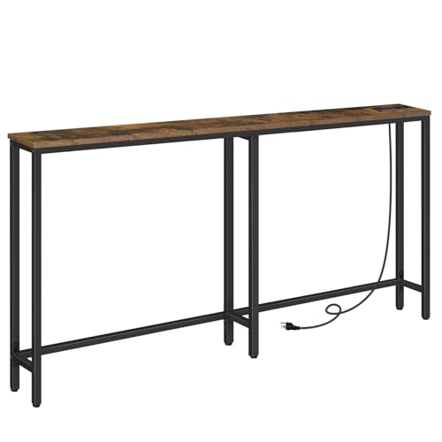 HOOBRO 63" Narrow Console Table with Charging Station, 5.9" Slim Sofa Table Behind Couch, 2 AC Outlets & USB-C Ports, Long Entryway Tables for Small Spaces, Livingroom, Rustic Brown BF165UXG01G1 - color: Rustic Brown + Black, size: 63.0"L x 5.9"W x 31.5"H