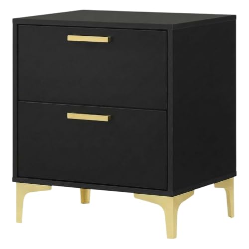 Furnifact Black Nightstand, 2 Drawers, Modern Design, Gold Metal Legs, Durable Construction, Stylish Bedroom Storage, Contemporary Finish