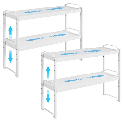 4 Pack Kitchen Cabinet Shelves Organizers, Kitchen Counter Storage Shelf Spice Rack, Expandable Length, Adjustable Height, Stackable, Sturdy 30LBS Bearing, Small Cupboard Tabletop Organizer Shelf Rack - color: White, size: 4 Pack: 12.6"-20.5"L