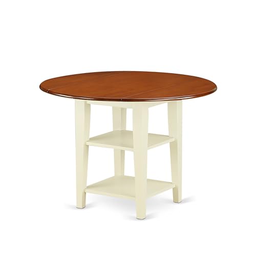 East West Furniture SUWE5-BMK-W 5 Piece Dining Table Set for 4 Includes a Round Kitchen Table with Dropleaf & Shelves and 4 Kitchen Dining Chairs, 42x42 Inch, Buttermilk & Cherry - style: SUWE5-BMK-W