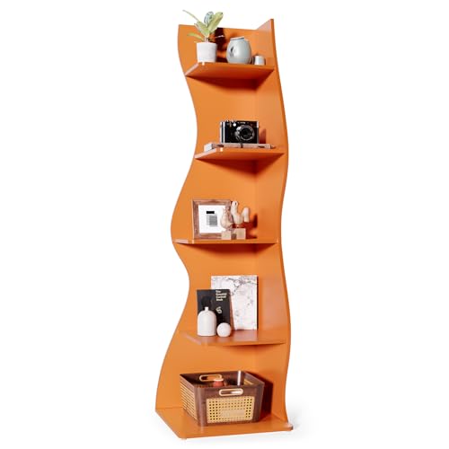 LITTLE TREE Small Corner Shelf, Modern 5-Tier Wall Wavy Corner Bookshelf | Stylish Bookcase Storage Rack for Small Space, Living Room, Bedroom, Orange - color: Orange, size: 1 Pack