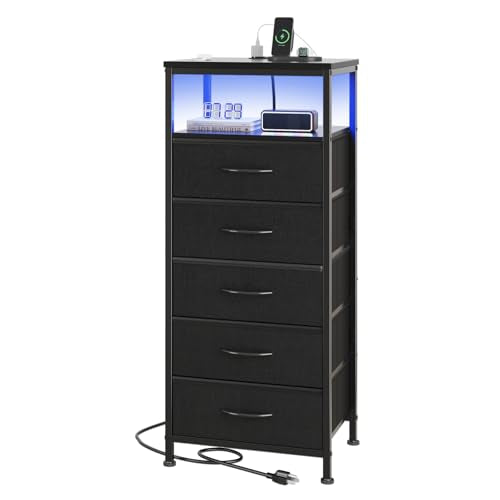 OLIXIS Nightstand with Charging Station, 5-Drawer Bedside Table with USB Ports & Type-C, Bedroom Night Stand with Fabric Drawers and Open Shelf, Tall Narrow End Table for Small Bedroom, Black - color: Black, size: 15.7"Dx11.8"Wx39.4"H(5-Drawer)