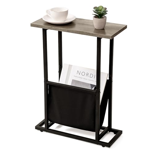 Acovy Narrow Side Table for Small Place,Metal Table with PU Leather Bag,Slim Nightstand for Reading Or Storage,Sofa Side Table for Living Room,Bedroom,Gery - color: Grey-1pc
