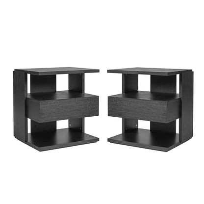 Christopher Knight Home 22" Mid Century Modern Nightstand Set of 2, Wooden Bedside Table with Drawer & 3 Tier Open Shelves, Small Side End Table Night Stand for Bedroom Living Room Small Space, Black - color: Black, size: 2pcs