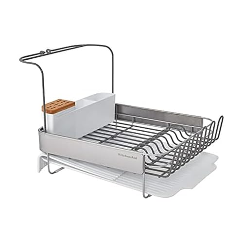 KitchenAid Full Size Compact to Full Capactiy Expandable Rust Resistant Dish Rack, with Self Draining Angled Drainboard and Removable Flatware Caddy, 24-Inch, White - color: White, size: Expandable