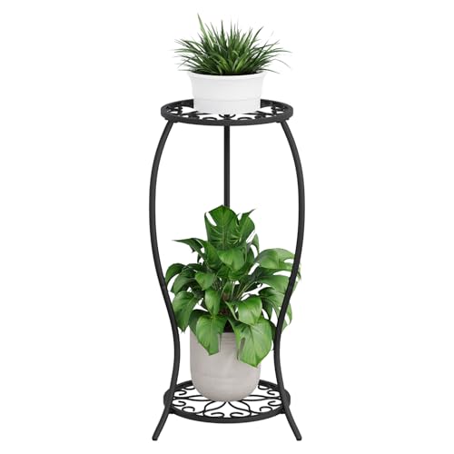 Plant Stand Indoor Outdoor, 2 Tier Metal Tall Plant Stand, Flower Pot Stand, Heavy Duty Plant Shelf Rack, Corner Plant Stand Rustproof for Planter Garden Balcony Patio Living Room - color: Black-Iron