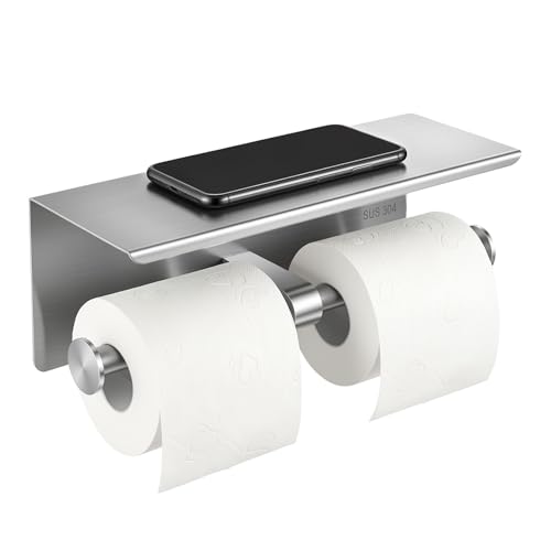 Double Bathroom Toilet Paper Roll Holder with Shelf Wall Mount Tissue Roll Holder Stainless Steel Wall Mounted RV Tissue Rolls Holders Toilet Paper Holders with Shelf, Silver
