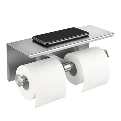 Double Bathroom Toilet Paper Roll Holder with Shelf Wall Mount Tissue Roll Holder Stainless Steel Wall Mounted RV Tissue Rolls Holders Toilet Paper Holders with Shelf, Silver