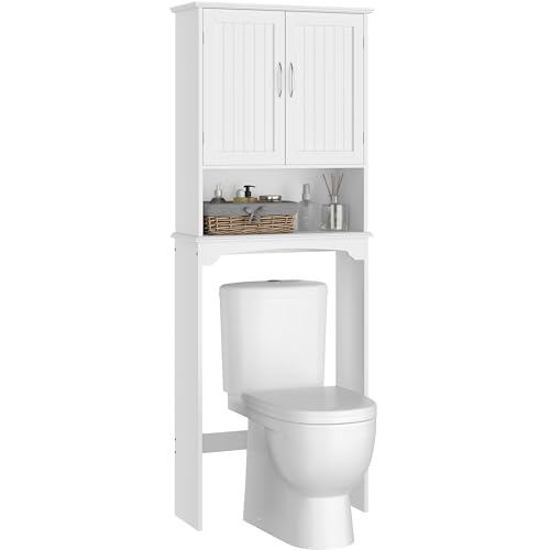 Yaheetech Over the Toilet Storage Cabinet, Bathroom Organizer, White | Adjustable Shelf Frees Up Floor Space, Open Compartment, 2 Beadboard Doors, Holds Towels, Anti-Tip Kit Included - color: White