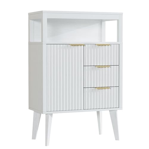 White Bathroom Floor Cabinet with 3 Fluted Drawers & Door, Modern Storage Sideboard with Open Shelf, Coffee Bar Station for Living Room, Entryway, 23.6 x 11.8 x 34.6 Inches - color: White, size: 11.81"D x 23.62"W x 34.65"H
