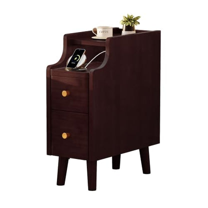 7.9" Solid Wood Narrow Nightstand with Drawers & Tray,Black Walnut | Perfect for small spaces, this slim bedside table features a pull-out tray, cable routing, and minimal easy assembly - color: Black Walnut, size: 8''