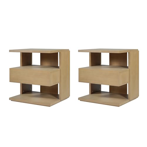 Christopher Knight Home 22" Mid Century Modern Nightstand Set of 2, Wooden Bedside Table with Drawer & 3 Tier Shelves, Small Side End Table Night Stand for Bedroom Living Room Small Space, Natural - color: Natural, size: 2pcs