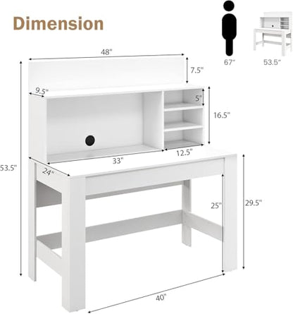 Tangkula 48“ Computer Desk with Hutch, Home Office Writing Study Desk with Storage Shelves, Cable Management Hole, Laptop Desk, Desk for Bedroom, Computer Workstation (White) - color: White