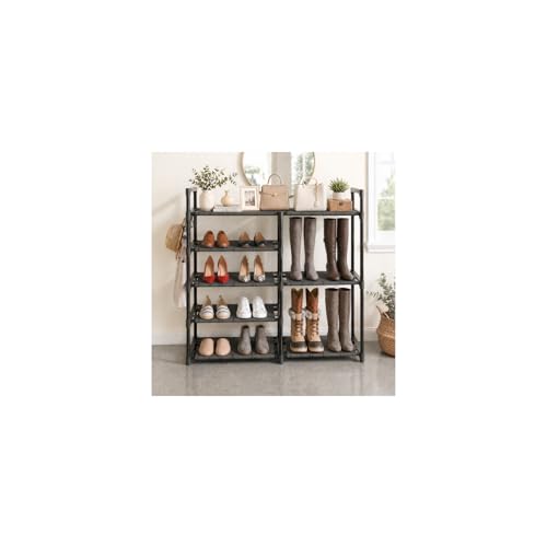 5 Tier Shoe Rack Black Tubes Shoe Rack with Oxford Fabric Lightweight Shoes Storage with Hooks Sturdy Vertical Shoe Rack Keep Dirt from Falling for Closet Entryway Garage-Easy to Assemble
