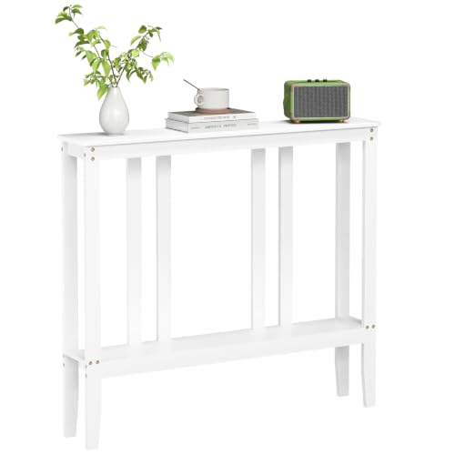 ELYKEN Bamboo 2-Tier Narrow Console Table, 36.2" Long Slim Hallway Table | Sofa Table Behind Couch with Storage Shelf for Entryway, Living Room, Foyer - color: White