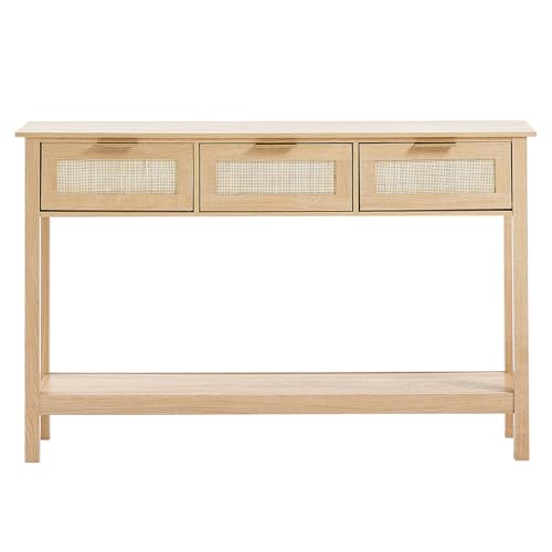 VEVOR Rattan Console Table with 3 Storage Drawers, Rattan Entryway Table with Natural Rattan Sliding Door, Console Sofa Table for Living Room, Study, Entryway Or TV Wall, Natural - size: 3 Drawers