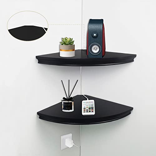 HAO Floating Corner Shelf Invisible Wall Mounted Shelves Radial Shape Cable Wire Hole Pattern Perfect for Bedroom Bathroom Living Room Kitchen Set of 2 Black - color: Black, size: 12 Inch with Wire Cable Hole