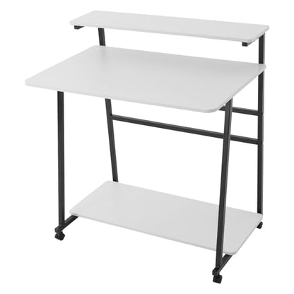 3 Tiers Rolling Computer Desk, 31.5 Inch Home Office Desk with 4 Wheels & 4 Foot Pads, Mobile Small Computer Desk, Student Study Table for Small Space Bedroom (White+Black) - color: White+black
