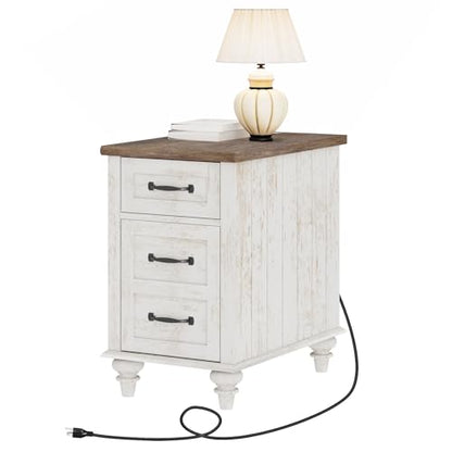WAMPAT Antique White End Table with Charging Station, Wooden Side Table with Drawer & Storage Cabinet, Farmhouse Nightstand with Power Outlets & USB Ports for Living Room, Bedroom - color: Antique White